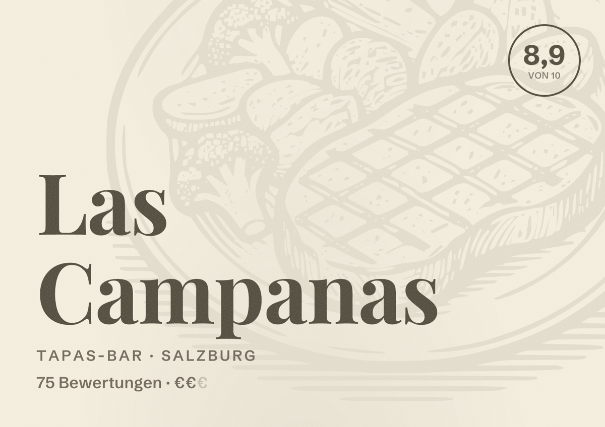 Illustriertes Poster von Las Campanas, Tapas-Bar in Salzburg: Bewertung 8,9 von 10 aus 75 Bewertungen, Preisniveau €€