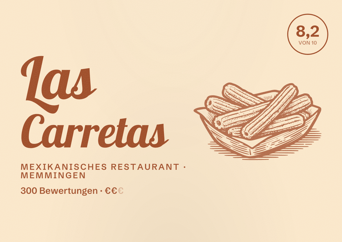 Illustriertes Poster von Las Carretas, Mexikanisches Restaurant in Memmingen: Bewertung 8,2 von 10 aus 300 Bewertungen, Preisniveau €€
