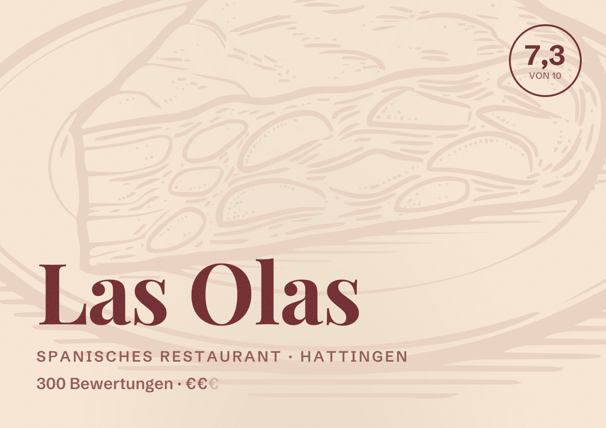 Illustriertes Poster von Las Olas, Spanisches Restaurant in Hattingen: Bewertung 7,3 von 10 aus 300 Bewertungen, Preisniveau €€