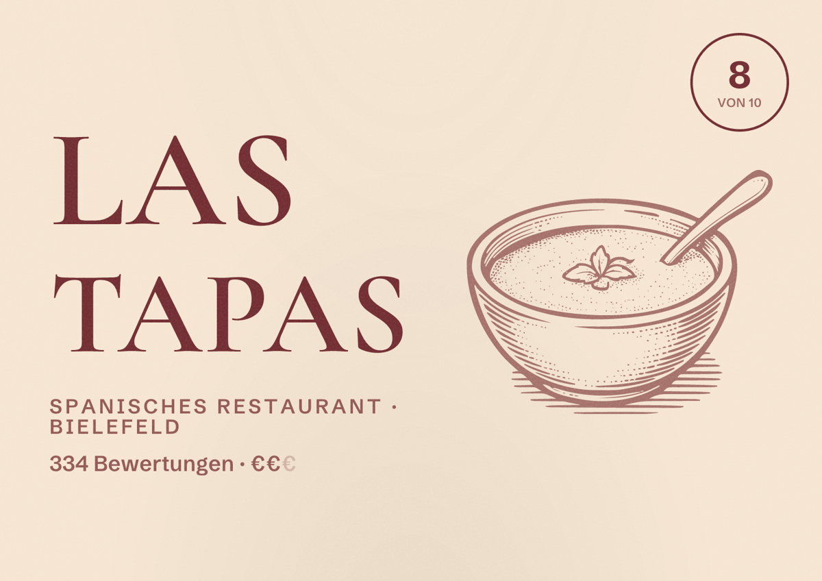 Illustriertes Poster von Las Tapas, Spanisches Restaurant in Bielefeld: Bewertung 8 von 10 aus 334 Bewertungen, Preisniveau €€
