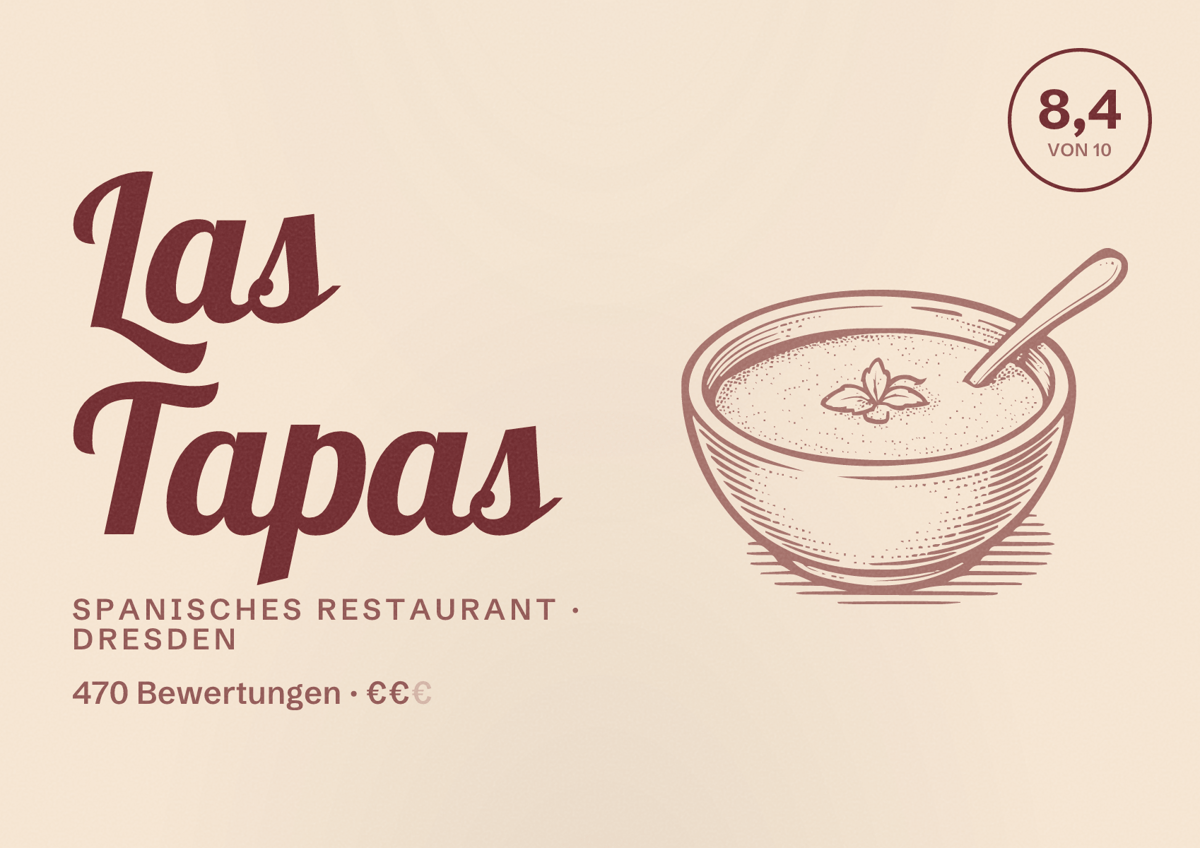 Illustriertes Poster von Las Tapas, Spanisches Restaurant in Dresden: Bewertung 8,4 von 10 aus 470 Bewertungen, Preisniveau €€