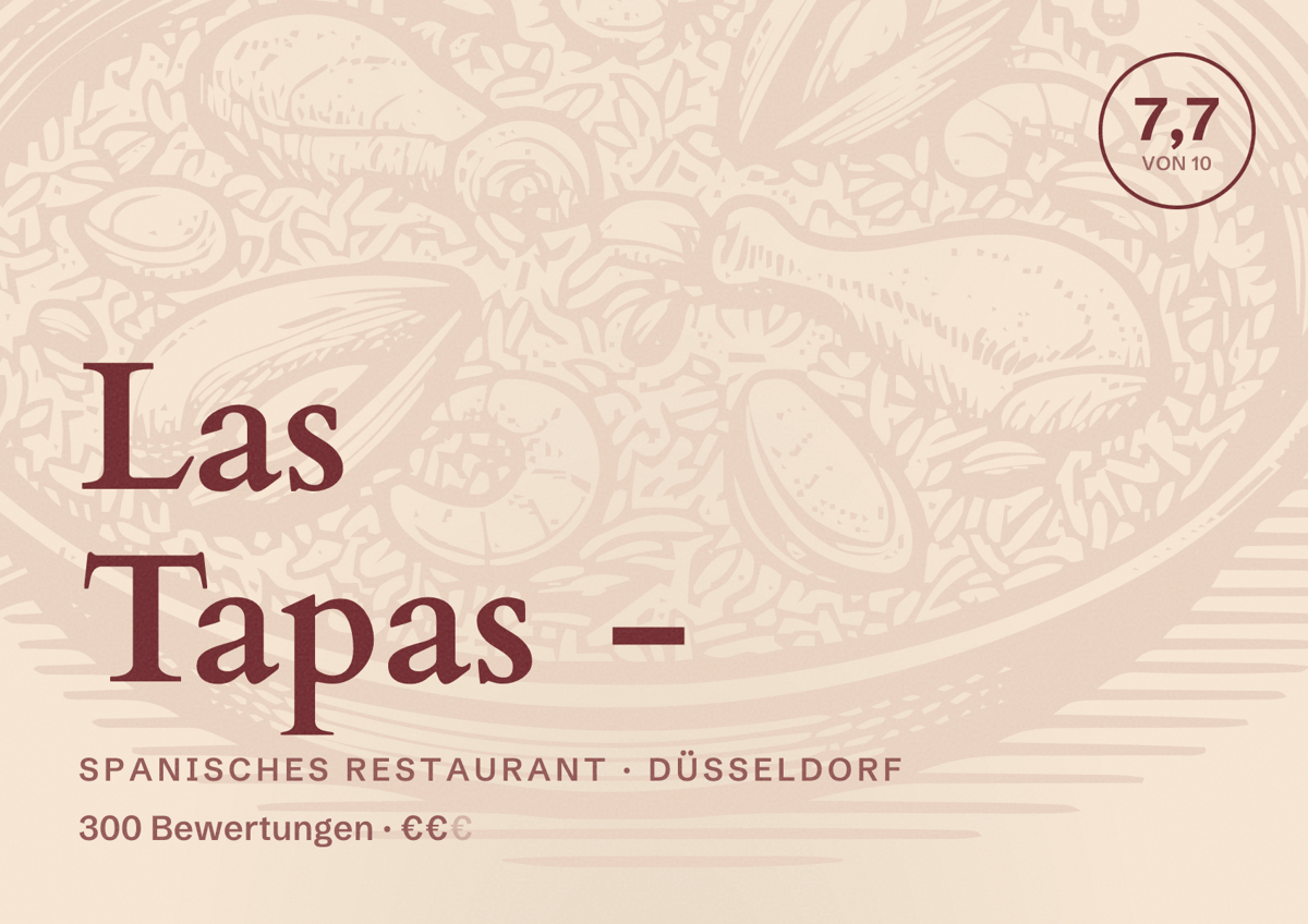 Illustriertes Poster von Las Tapas -, Spanisches Restaurant in Düsseldorf: Bewertung 7,7 von 10 aus 300 Bewertungen, Preisniveau €€
