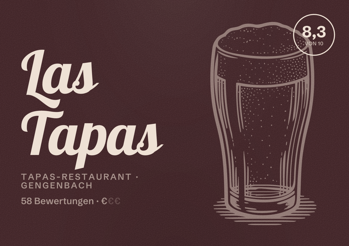 Illustriertes Poster von Las Tapas, Tapas-Restaurant in Gengenbach: Bewertung 8,3 von 10 aus 58 Bewertungen, Preisniveau €