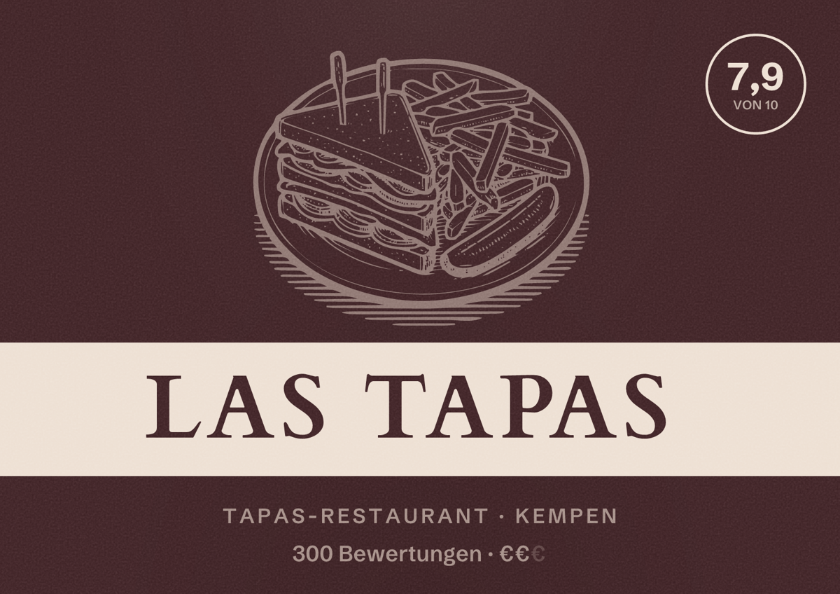 Illustriertes Poster von Las Tapas, Tapas-Restaurant in Kempen: Bewertung 7,9 von 10 aus 300 Bewertungen, Preisniveau €€