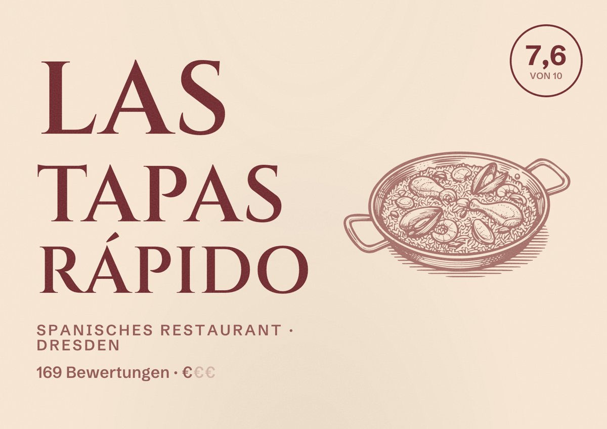 Illustriertes Poster von LAS TAPAS rápido, Spanisches Restaurant in Dresden: Bewertung 7,6 von 10 aus 169 Bewertungen, Preisniveau €