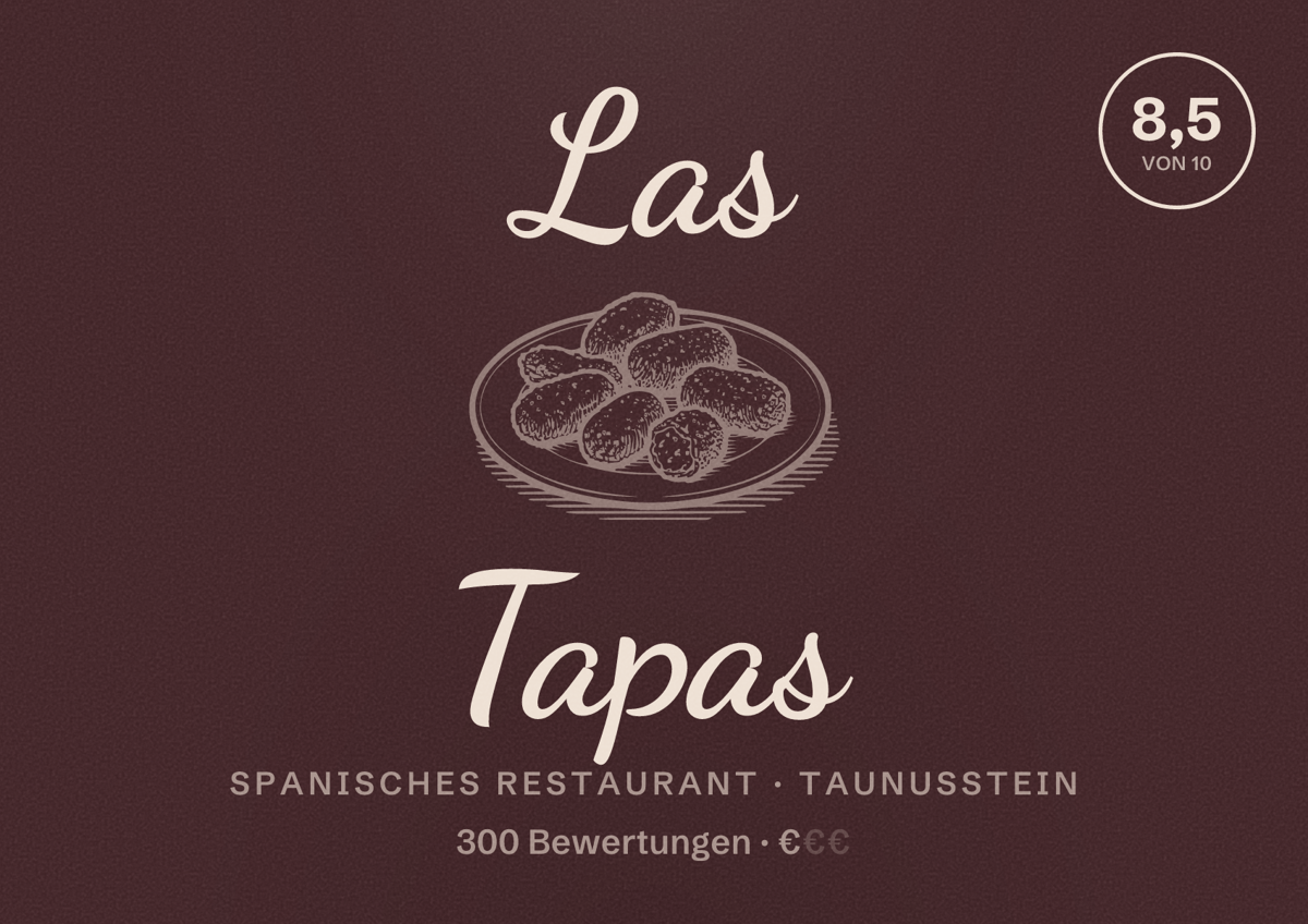 Illustriertes Poster von Las Tapas, Spanisches Restaurant in Taunusstein: Bewertung 8,5 von 10 aus 300 Bewertungen, Preisniveau €