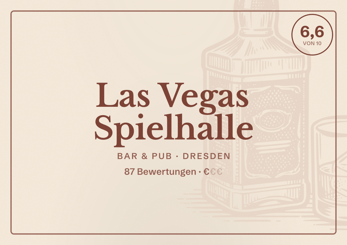 Illustriertes Poster von Las Vegas Spielhalle, Bar & Pub in Dresden: Bewertung 6,6 von 10 aus 87 Bewertungen, Preisniveau €
