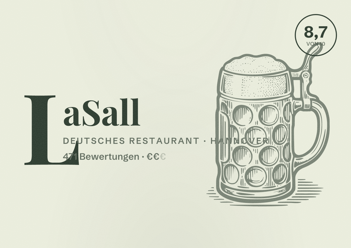 Illustriertes Poster von LaSall, Deutsches Restaurant in Hannover: Bewertung 8,7 von 10 aus 471 Bewertungen, Preisniveau €€