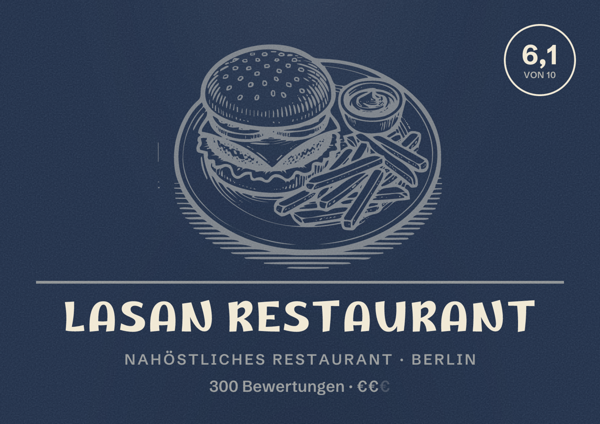 Illustriertes Poster von Lasan Restaurant, Nahöstliches Restaurant in Berlin: Bewertung 6,1 von 10 aus 300 Bewertungen, Preisniveau €€