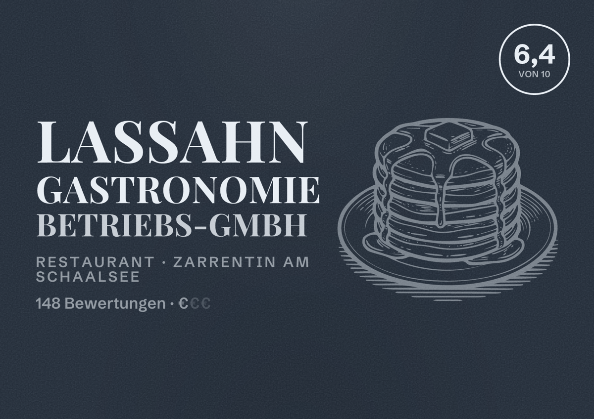 Illustriertes Poster von Lassahn Gastronomie Betriebs-GmbH, Restaurant in Zarrentin am Schaalsee: Bewertung 6,4 von 10 aus 148 Bewertungen, Preisniveau €