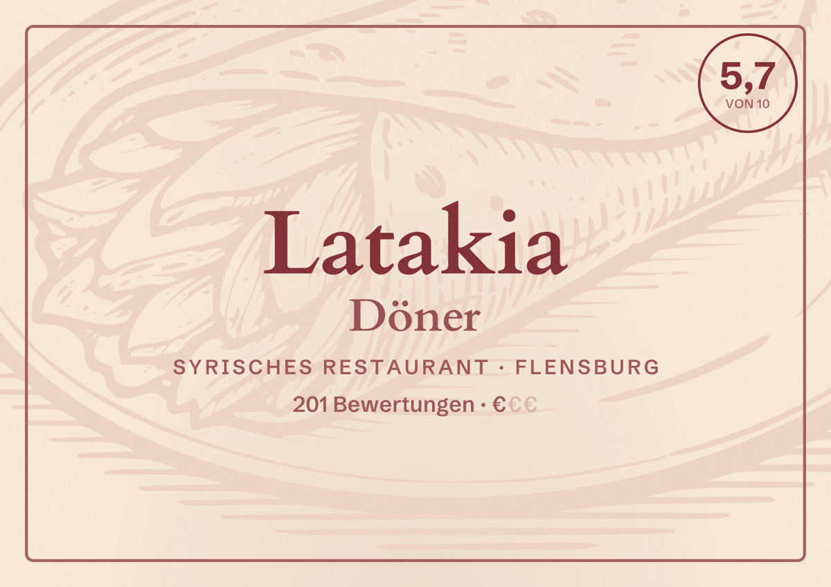 Illustriertes Poster von Latakia Döner, Syrisches Restaurant in Flensburg: Bewertung 5,7 von 10 aus 201 Bewertungen, Preisniveau €