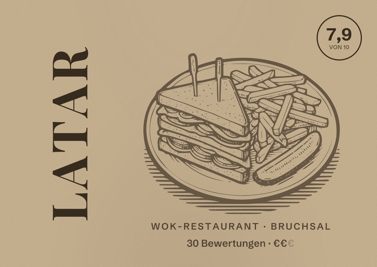 Illustriertes Poster von Latar, Wok-Restaurant in Bruchsal: Bewertung 7,9 von 10 aus 30 Bewertungen, Preisniveau €€