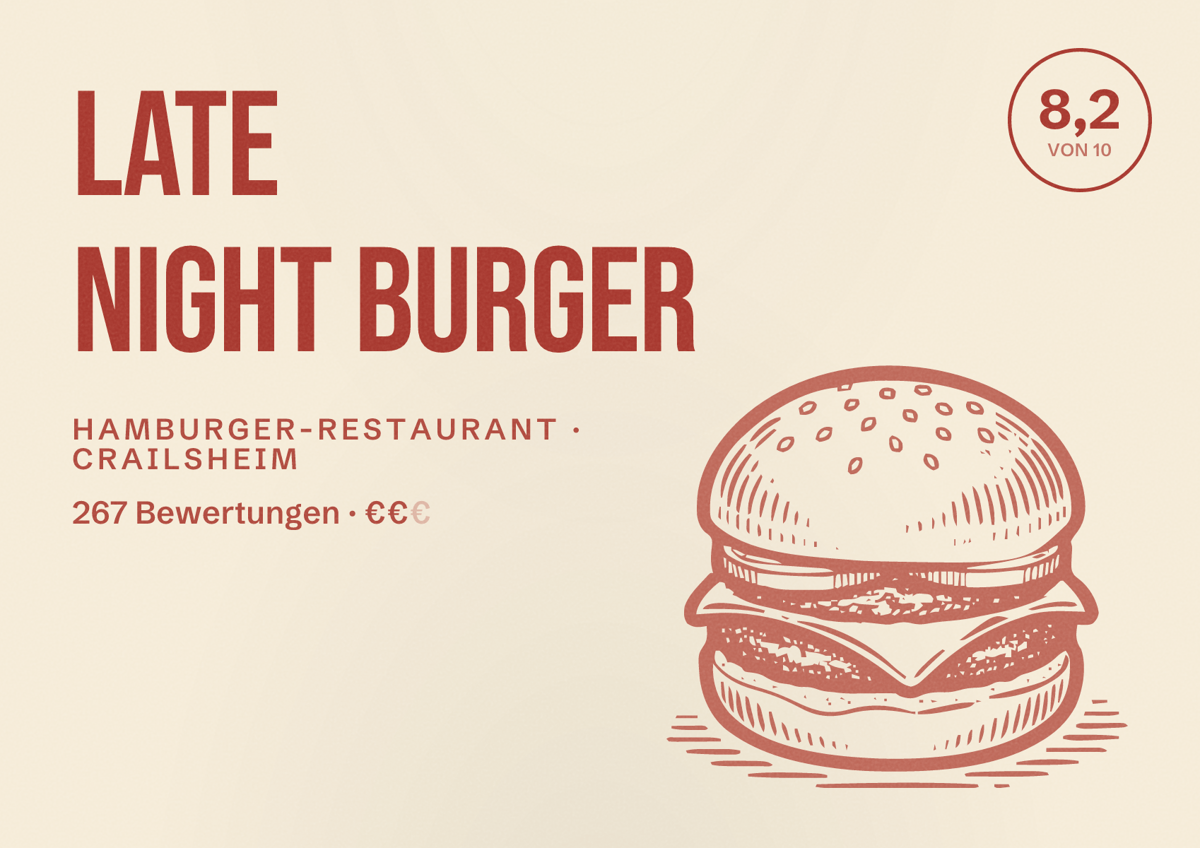 Illustriertes Poster von Late Night Burger, Hamburger-Restaurant in Crailsheim: Bewertung 8,2 von 10 aus 267 Bewertungen, Preisniveau €€