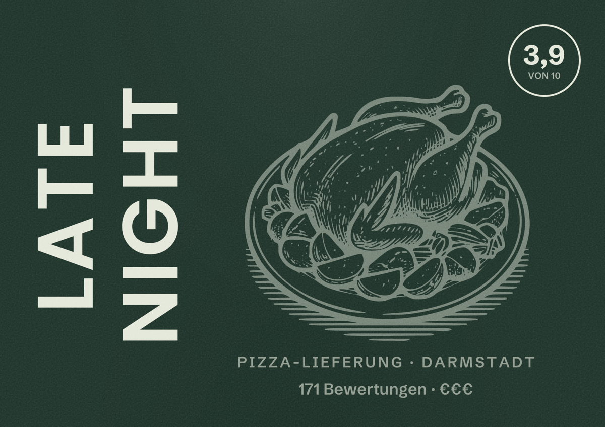 Illustriertes Poster von Late Night, Pizza-Lieferung in Darmstadt: Bewertung 3,9 von 10 aus 171 Bewertungen, Preisniveau €€€
