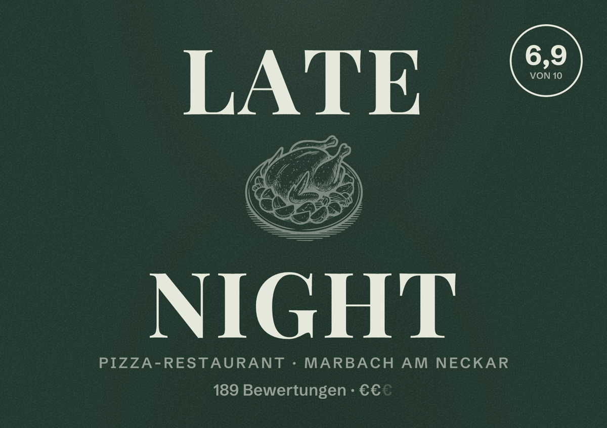 Illustriertes Poster von Late Night, Pizza-Restaurant in Marbach am Neckar: Bewertung 6,9 von 10 aus 189 Bewertungen, Preisniveau €€