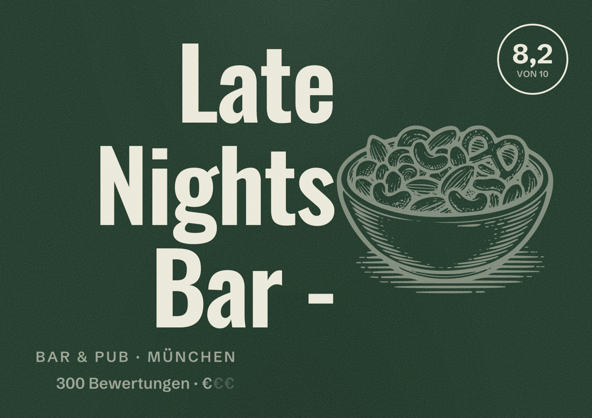 Illustriertes Poster von Late Nights Bar -, Bar & Pub in München: Bewertung 8,2 von 10 aus 300 Bewertungen, Preisniveau €