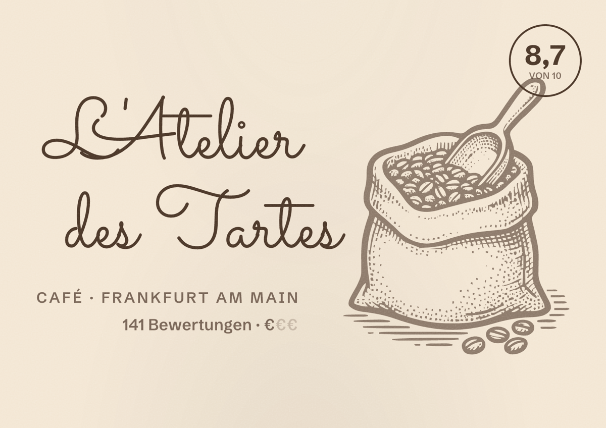 Illustriertes Poster von L'Atelier des Tartes, Café in Frankfurt am Main: Bewertung 8,7 von 10 aus 141 Bewertungen, Preisniveau €