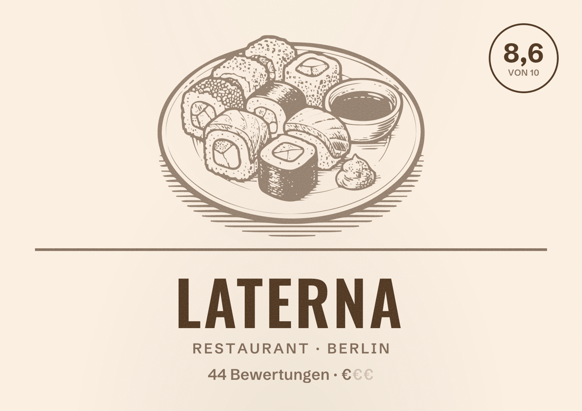 Illustriertes Poster von Laterna, Restaurant in Berlin: Bewertung 8,6 von 10 aus 44 Bewertungen, Preisniveau €