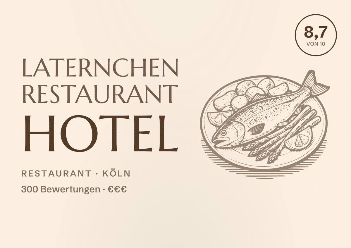Illustriertes Poster von Laternchen Restaurant Hotel, Restaurant in Köln: Bewertung 8,7 von 10 aus 300 Bewertungen, Preisniveau €€€