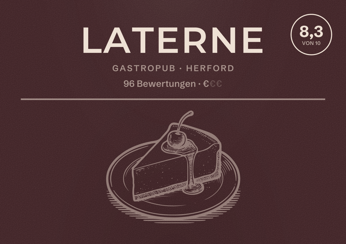 Illustriertes Poster von Laterne, Gastropub in Herford: Bewertung 8,3 von 10 aus 96 Bewertungen, Preisniveau €