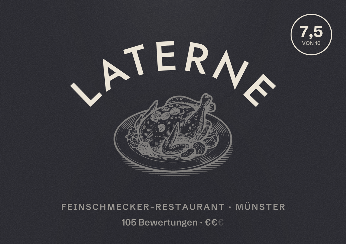 Illustriertes Poster von Laterne, Feinschmecker-Restaurant in Münster: Bewertung 7,5 von 10 aus 105 Bewertungen, Preisniveau €€