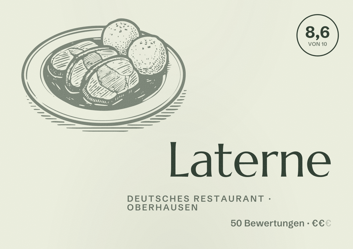 Illustriertes Poster von Laterne, Deutsches Restaurant in Oberhausen: Bewertung 8,6 von 10 aus 50 Bewertungen, Preisniveau €€
