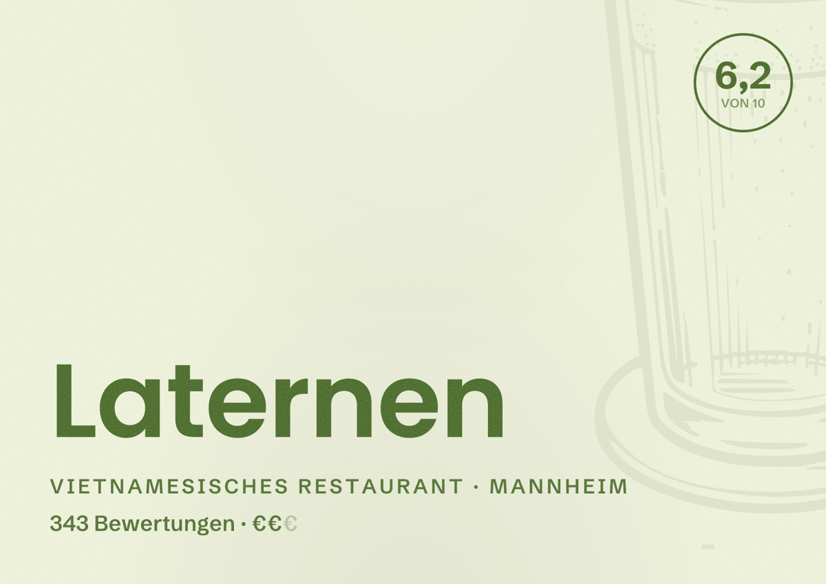 Illustriertes Poster von Laternen, Vietnamesisches Restaurant in Mannheim: Bewertung 6,2 von 10 aus 343 Bewertungen, Preisniveau €€
