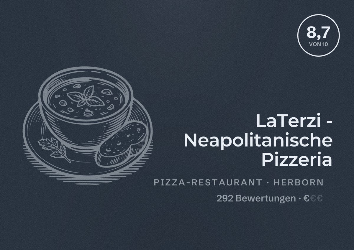 Illustriertes Poster von LaTerzi - Neapolitanische Pizzeria, Pizza-Restaurant in Herborn: Bewertung 8,7 von 10 aus 292 Bewertungen, Preisniveau €
