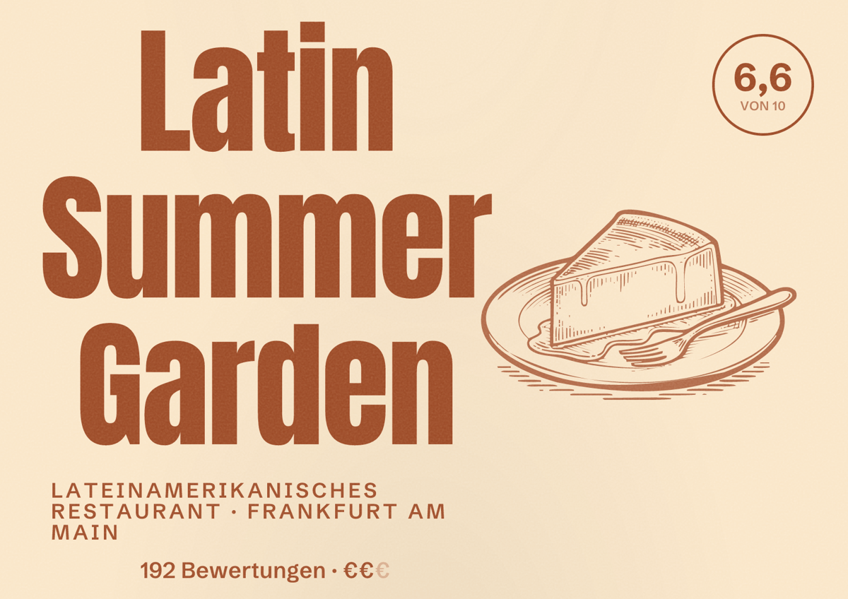 Illustriertes Poster von Latin Summer Garden, Lateinamerikanisches Restaurant in Frankfurt am Main: Bewertung 6,6 von 10 aus 192 Bewertungen, Preisniveau €€