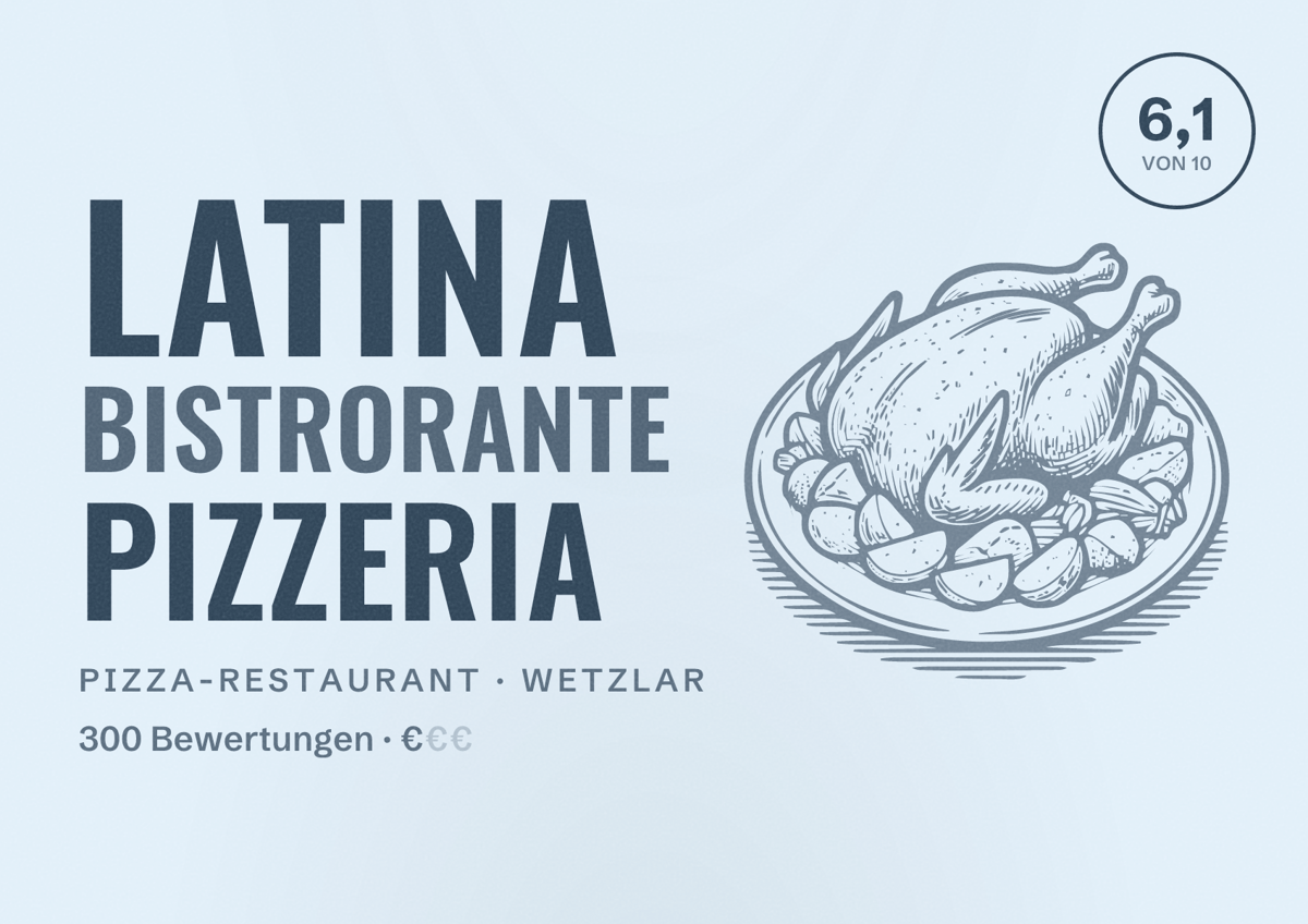 Illustriertes Poster von LATINA Bistrorante Pizzeria, Pizza-Restaurant in Wetzlar: Bewertung 6,1 von 10 aus 300 Bewertungen, Preisniveau €