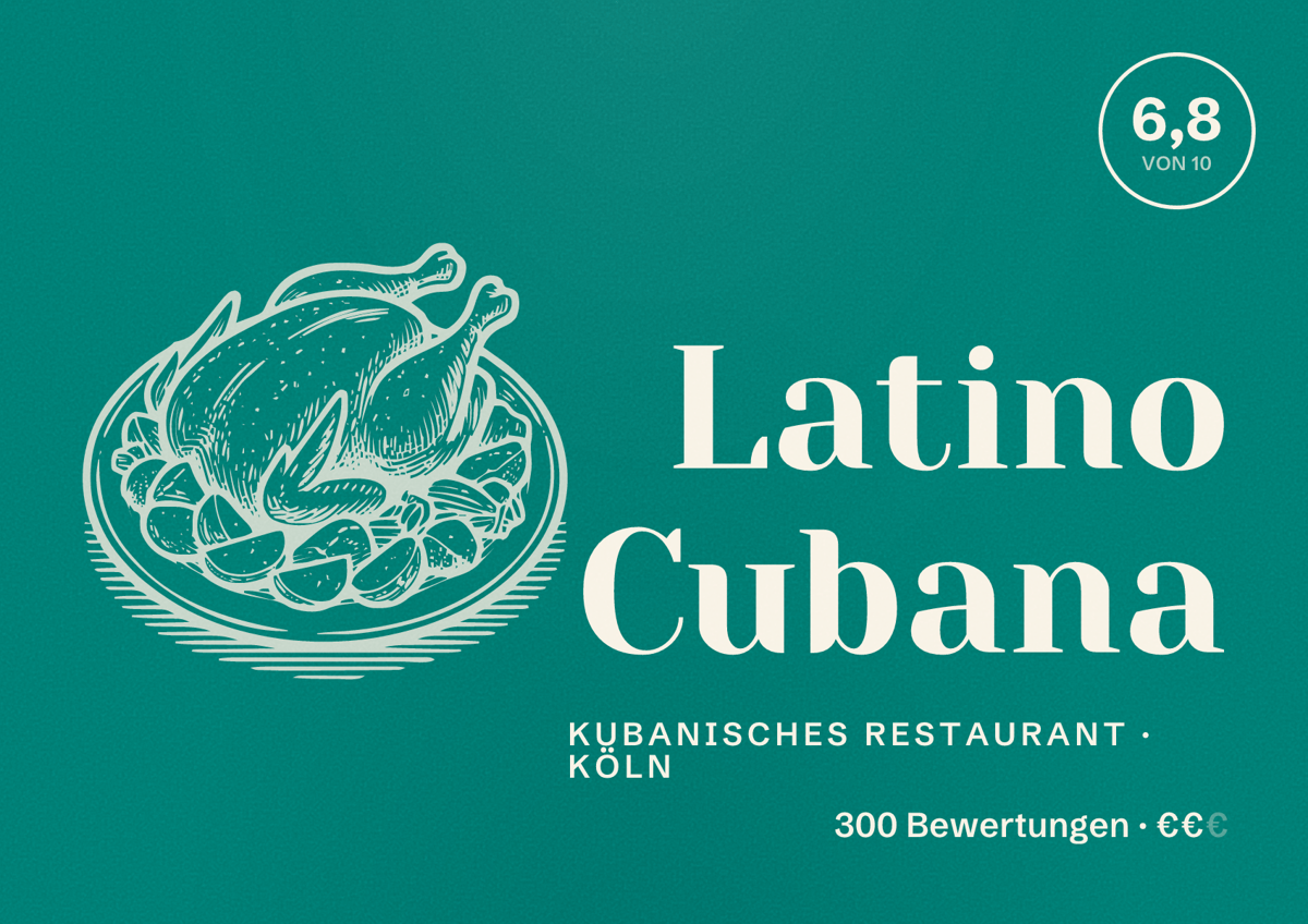Illustriertes Poster von Latino Cubana, Kubanisches Restaurant in Köln: Bewertung 6,8 von 10 aus 300 Bewertungen, Preisniveau €€