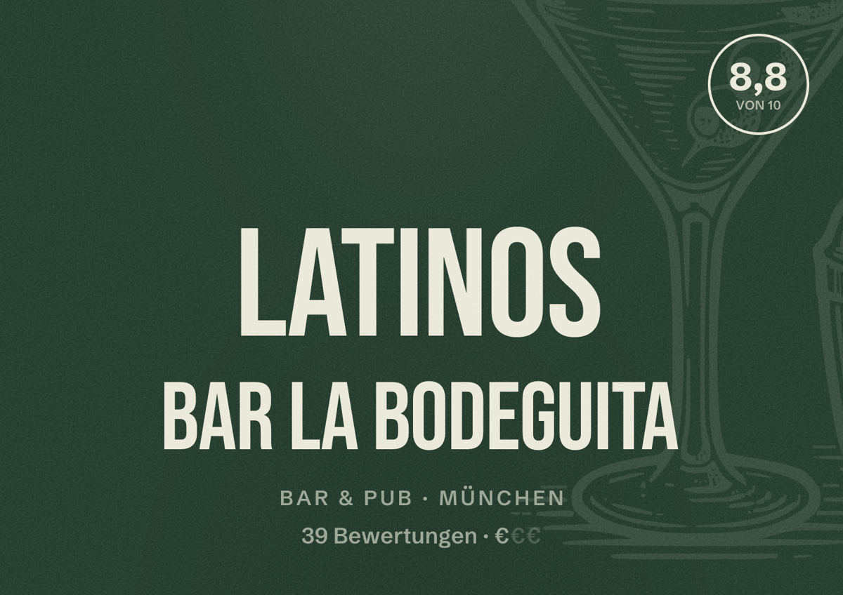 Illustriertes Poster von Latinos Bar La Bodeguita, Bar & Pub in München: Bewertung 8,8 von 10 aus 39 Bewertungen, Preisniveau €