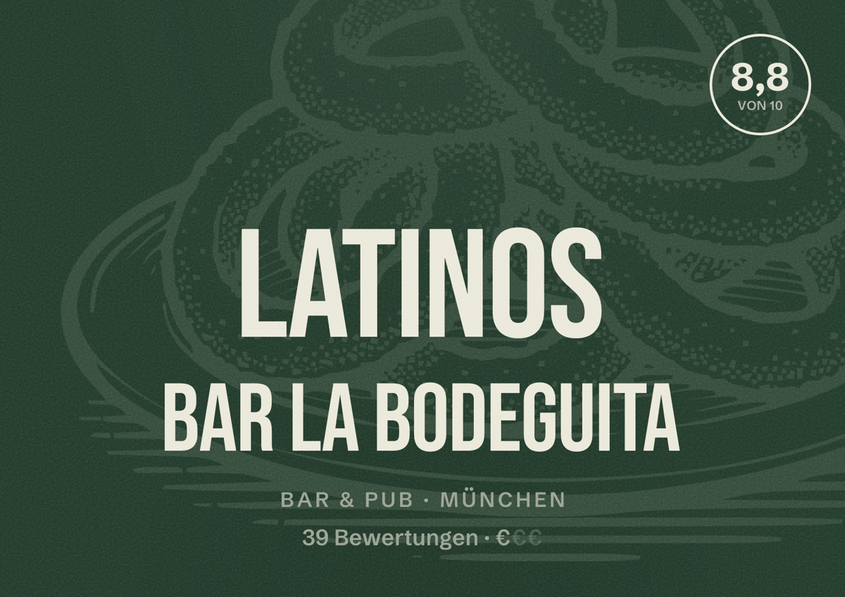 Illustriertes Poster von Latinos Bar La Bodeguita, Bar & Pub in München: Bewertung 8,8 von 10 aus 39 Bewertungen, Preisniveau €