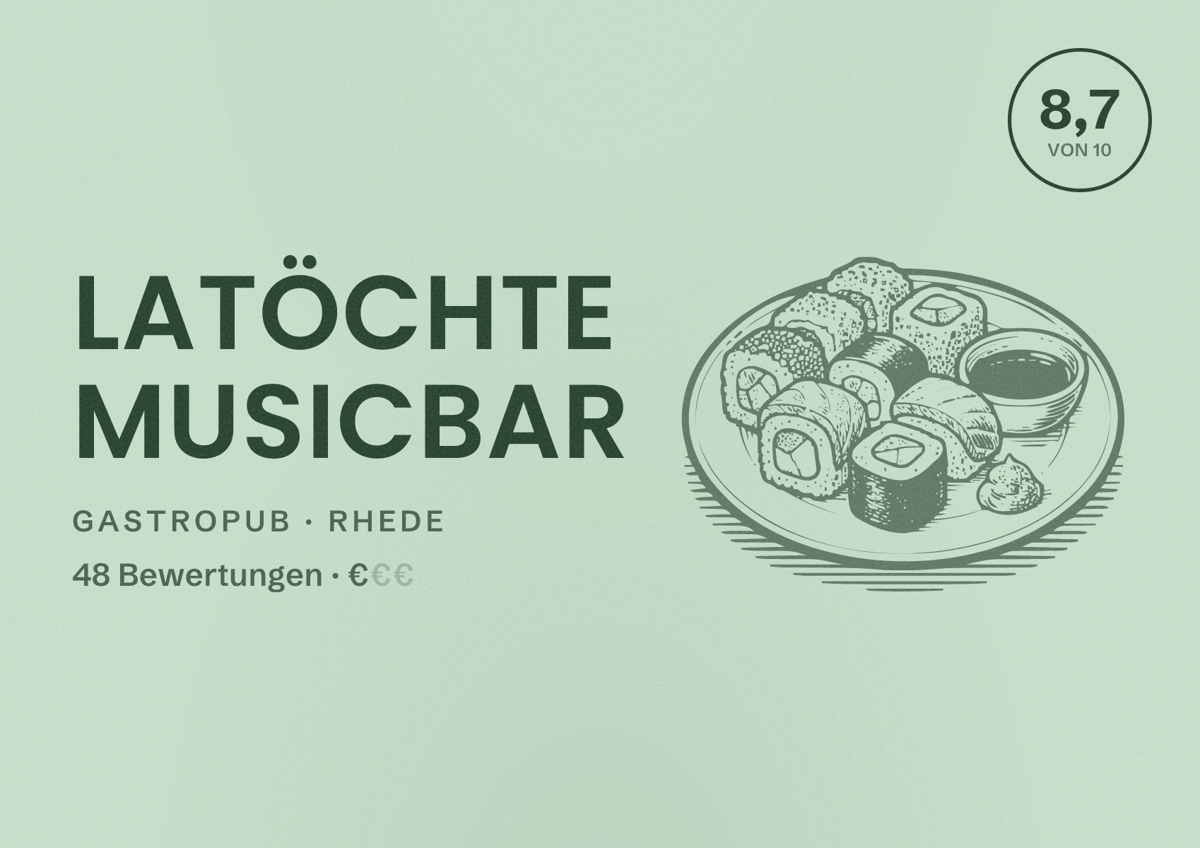 Illustriertes Poster von Latöchte Musicbar, Gastropub in Rhede: Bewertung 8,7 von 10 aus 48 Bewertungen, Preisniveau €