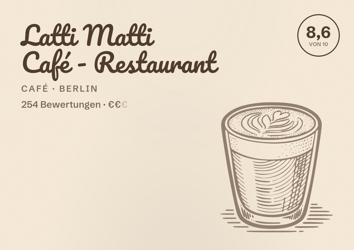 Illustriertes Poster von Latti Matti Café - Restaurant, Café in Berlin: Bewertung 8,6 von 10 aus 254 Bewertungen, Preisniveau €€
