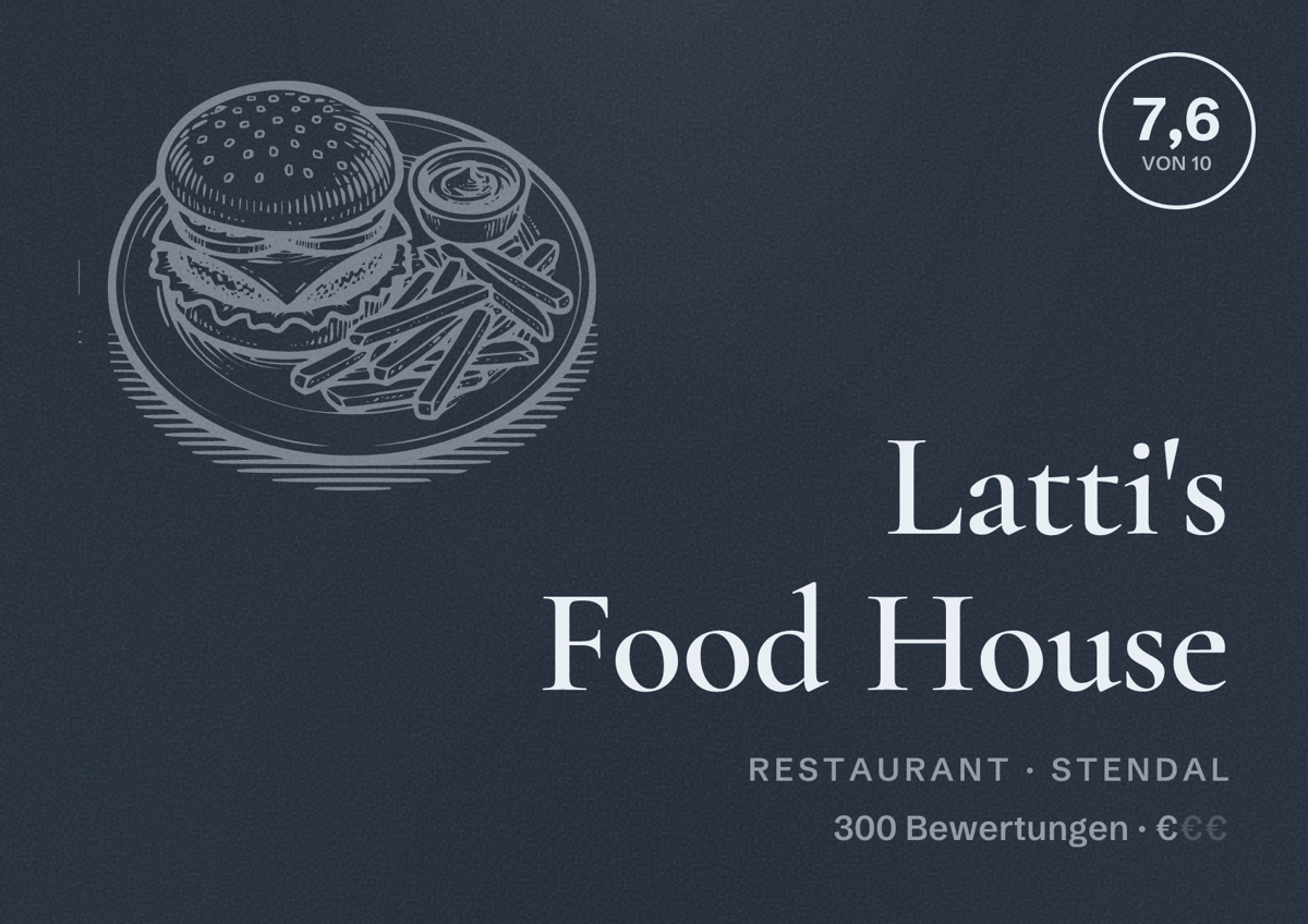 Illustriertes Poster von Latti's Food House, Restaurant in Stendal: Bewertung 7,6 von 10 aus 300 Bewertungen, Preisniveau €