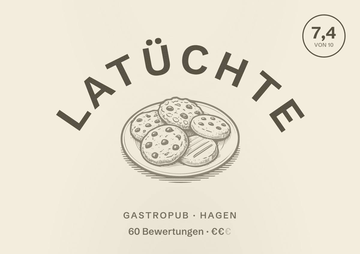 Illustriertes Poster von Latüchte, Gastropub in Hagen: Bewertung 7,4 von 10 aus 60 Bewertungen, Preisniveau €€