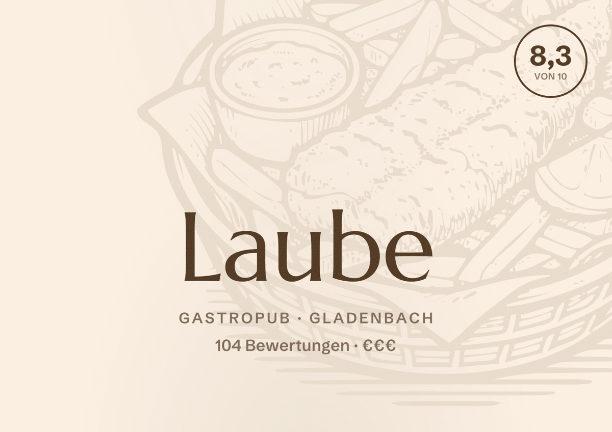 Illustriertes Poster von Laube, Gastropub in Gladenbach: Bewertung 8,3 von 10 aus 104 Bewertungen, Preisniveau €€€