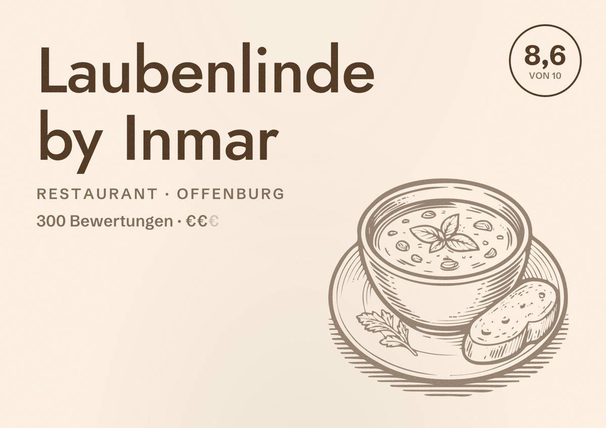 Illustriertes Poster von Laubenlinde by Inmar, Restaurant in Offenburg: Bewertung 8,6 von 10 aus 300 Bewertungen, Preisniveau €€