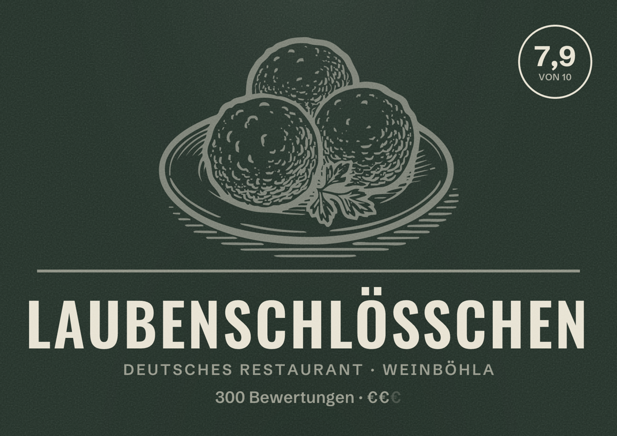 Illustriertes Poster von Laubenschlößchen, Deutsches Restaurant in Weinböhla: Bewertung 7,9 von 10 aus 300 Bewertungen, Preisniveau €€