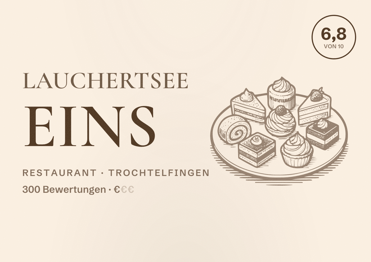 Illustriertes Poster von Lauchertsee Eins, Restaurant in Trochtelfingen: Bewertung 6,8 von 10 aus 300 Bewertungen, Preisniveau €