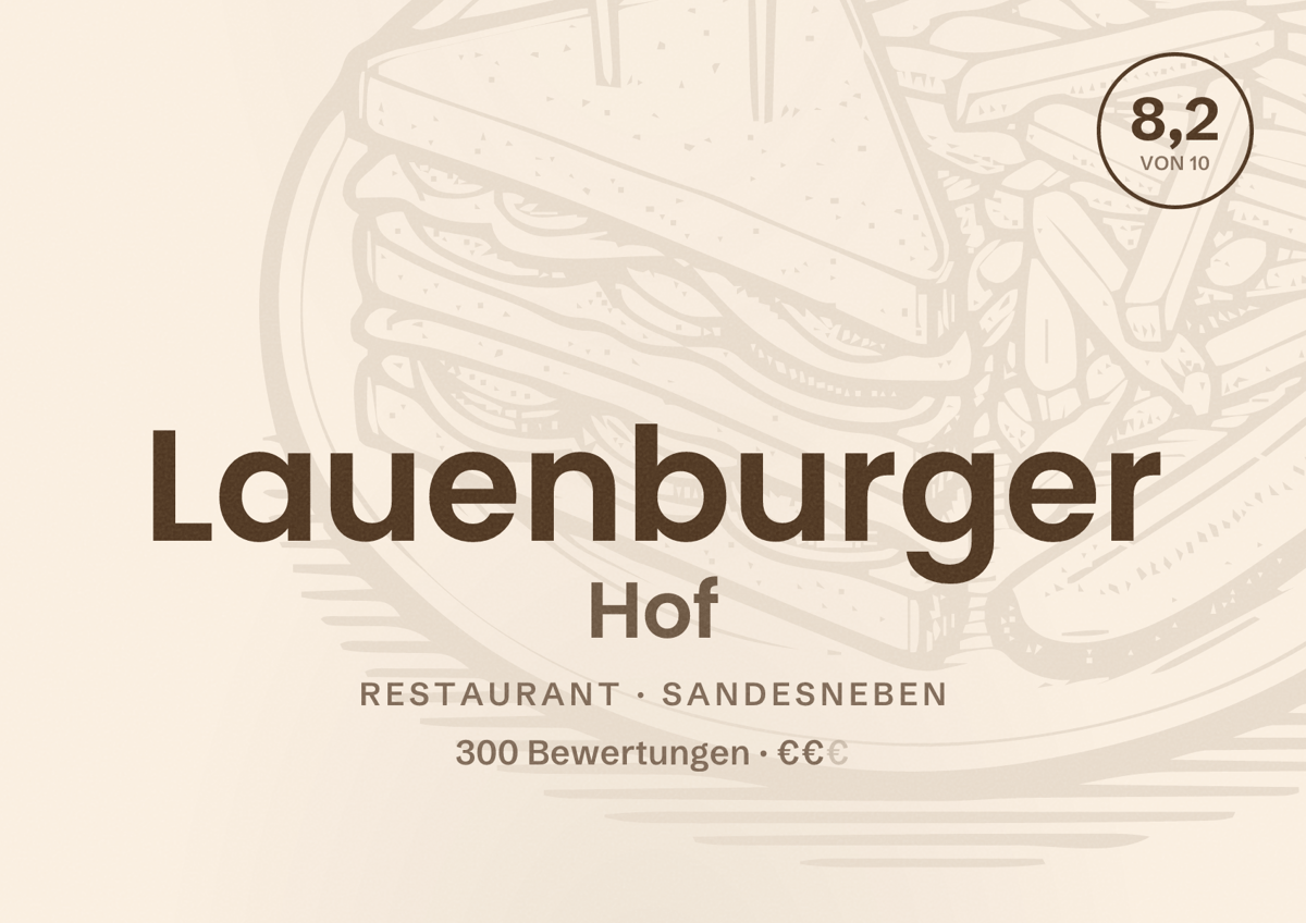 Illustriertes Poster von Lauenburger Hof, Restaurant in Sandesneben: Bewertung 8,2 von 10 aus 300 Bewertungen, Preisniveau €€