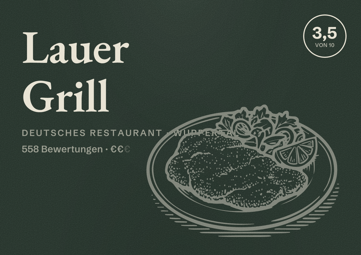 Illustriertes Poster von Lauer Grill, Deutsches Restaurant in Wuppertal: Bewertung 3,5 von 10 aus 558 Bewertungen, Preisniveau €€