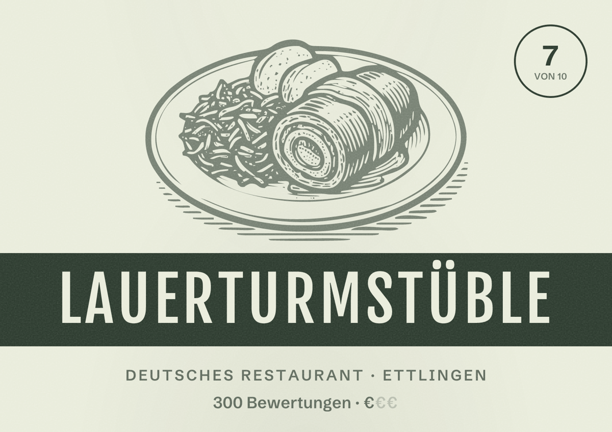 Illustriertes Poster von Lauerturmstüble, Deutsches Restaurant in Ettlingen: Bewertung 7 von 10 aus 300 Bewertungen, Preisniveau €