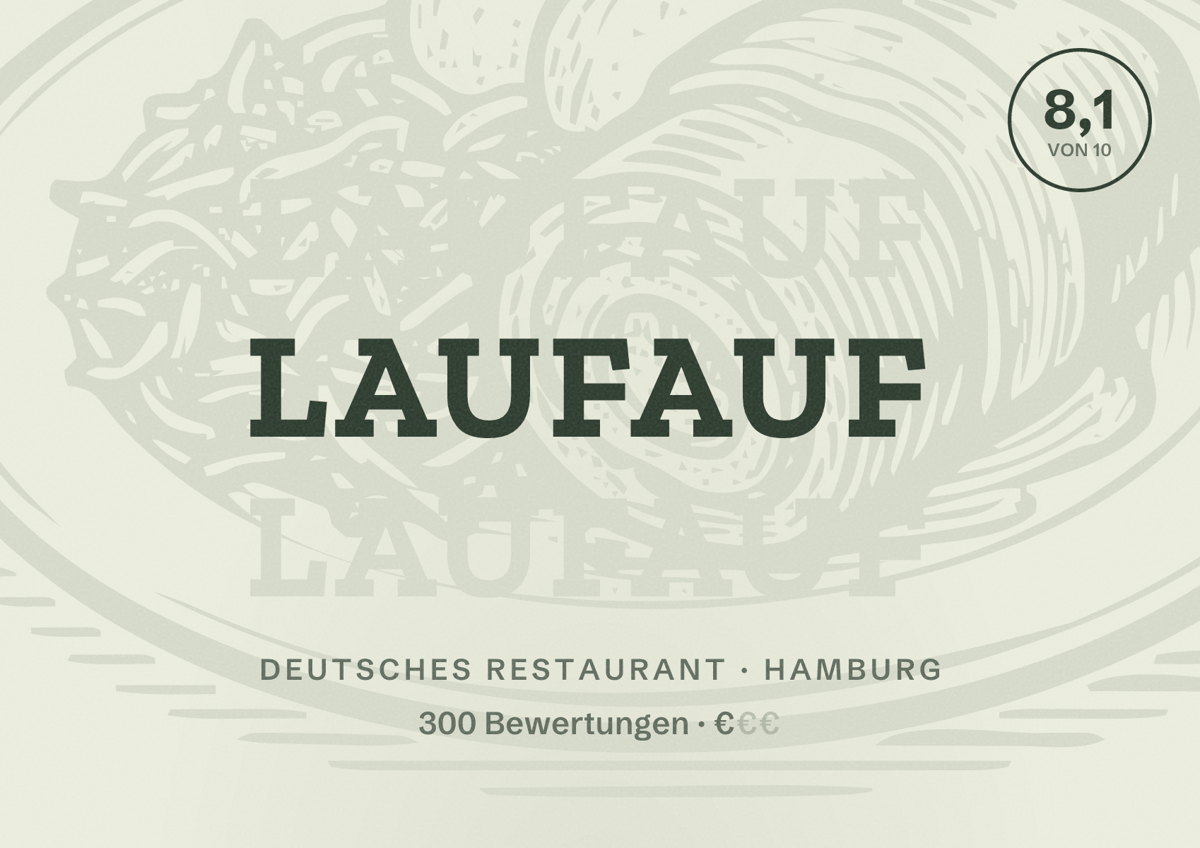 Illustriertes Poster von Laufauf, Deutsches Restaurant in Hamburg: Bewertung 8,1 von 10 aus 300 Bewertungen, Preisniveau €