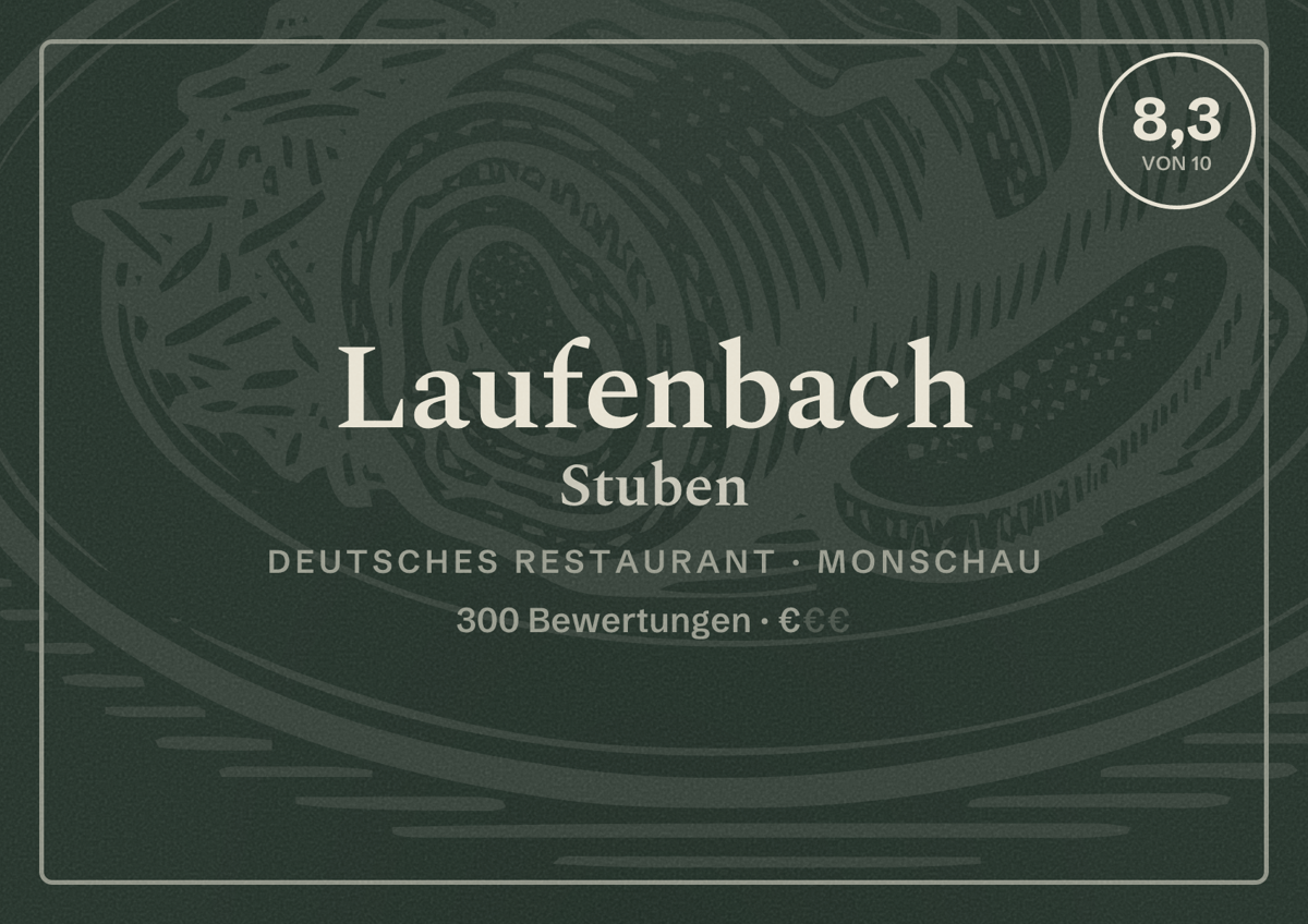 Illustriertes Poster von Laufenbach Stuben, Deutsches Restaurant in Monschau: Bewertung 8,3 von 10 aus 300 Bewertungen, Preisniveau €
