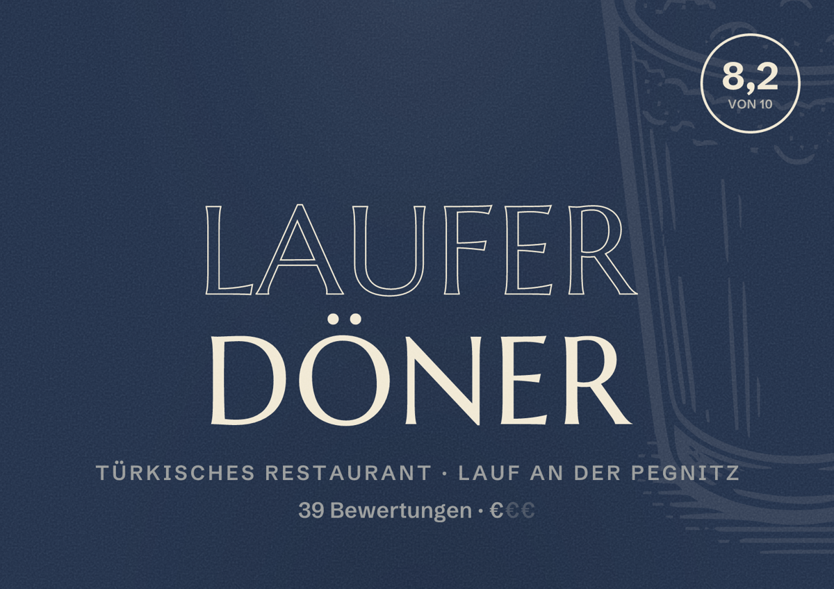 Illustriertes Poster von Laufer Döner, Türkisches Restaurant in Lauf an der Pegnitz: Bewertung 8,2 von 10 aus 39 Bewertungen, Preisniveau €