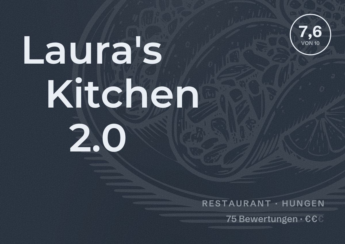 Illustriertes Poster von Laura's Kitchen 2.0, Restaurant in Hungen: Bewertung 7,6 von 10 aus 75 Bewertungen, Preisniveau €€