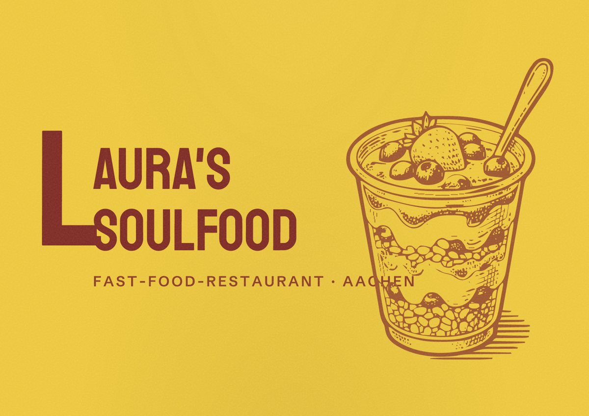 Illustriertes Poster von Laura's Soulfood, Fast-Food-Restaurant in Aachen: Bewertung 8,2 von 10 aus 300 Bewertungen, Preisniveau €€