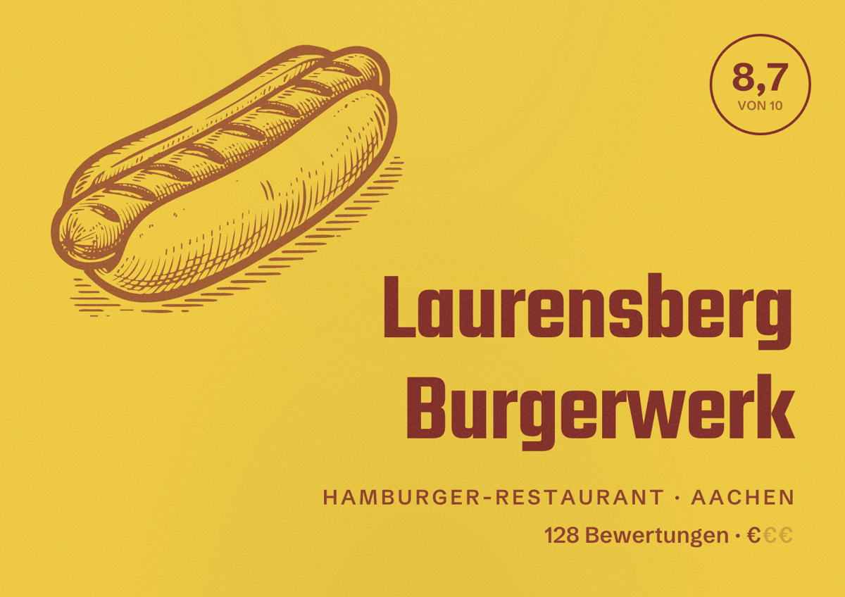 Illustriertes Poster von Laurensberg Burgerwerk, Hamburger-Restaurant in Aachen: Bewertung 8,7 von 10 aus 128 Bewertungen, Preisniveau €